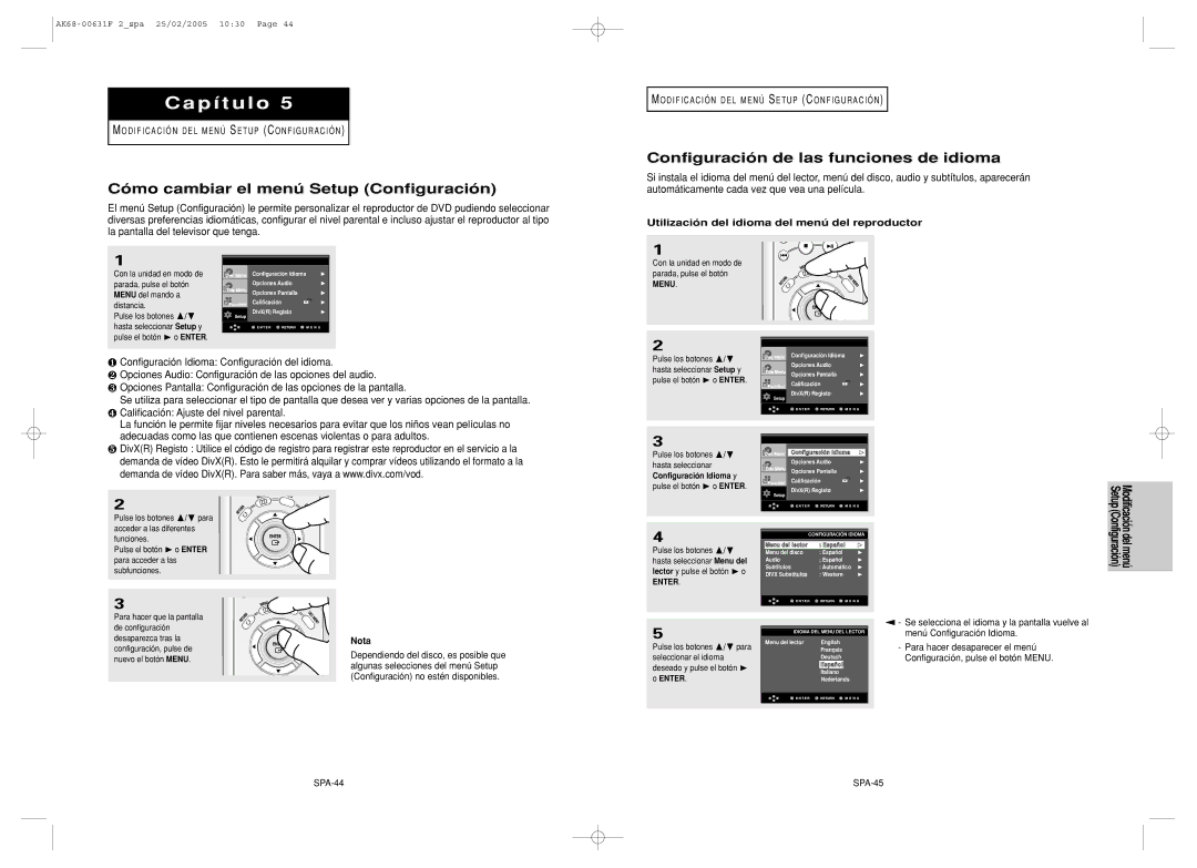 Samsung DVD-HD850/XEC manual Cómo cambiar el menú Setup Configuración, Configuración de las funciones de idioma 