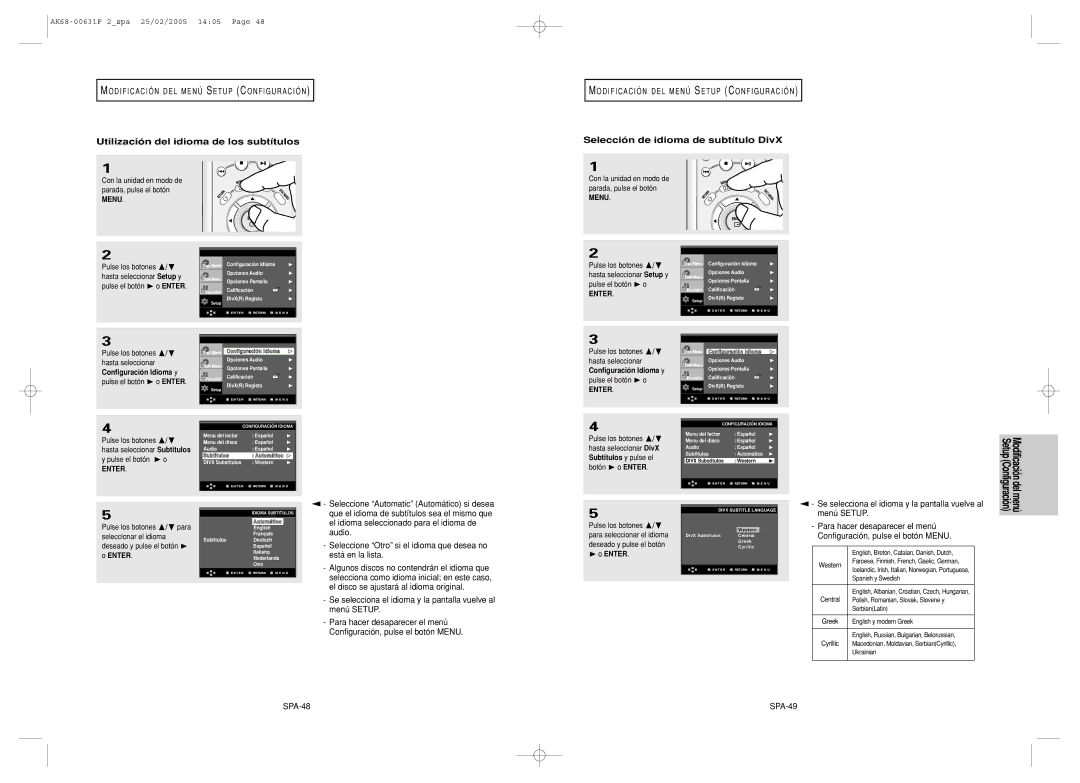 Samsung DVD-HD850/XEC manual Utilización del idioma de los subtítulos, Modificación DEL Menú Setup Configuración, SPA-48 