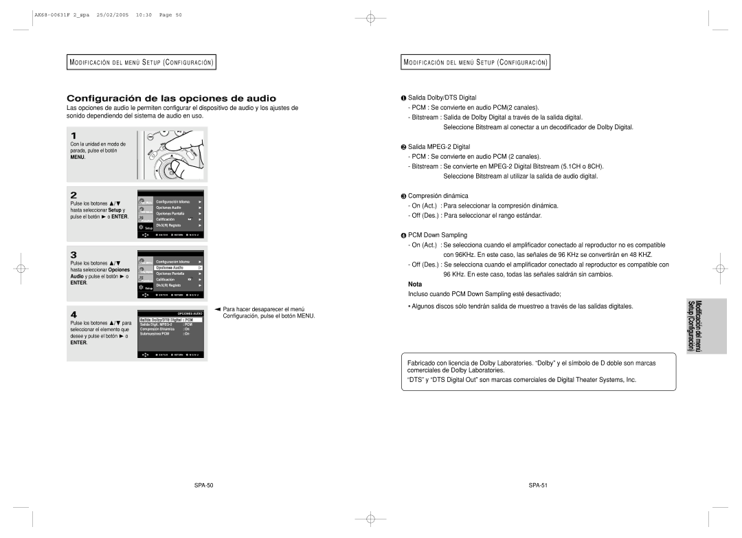 Samsung DVD-HD850/XEC manual Configuración de las opciones de audio, ❹ PCM Down Sampling, SPA-50, SPA-51 