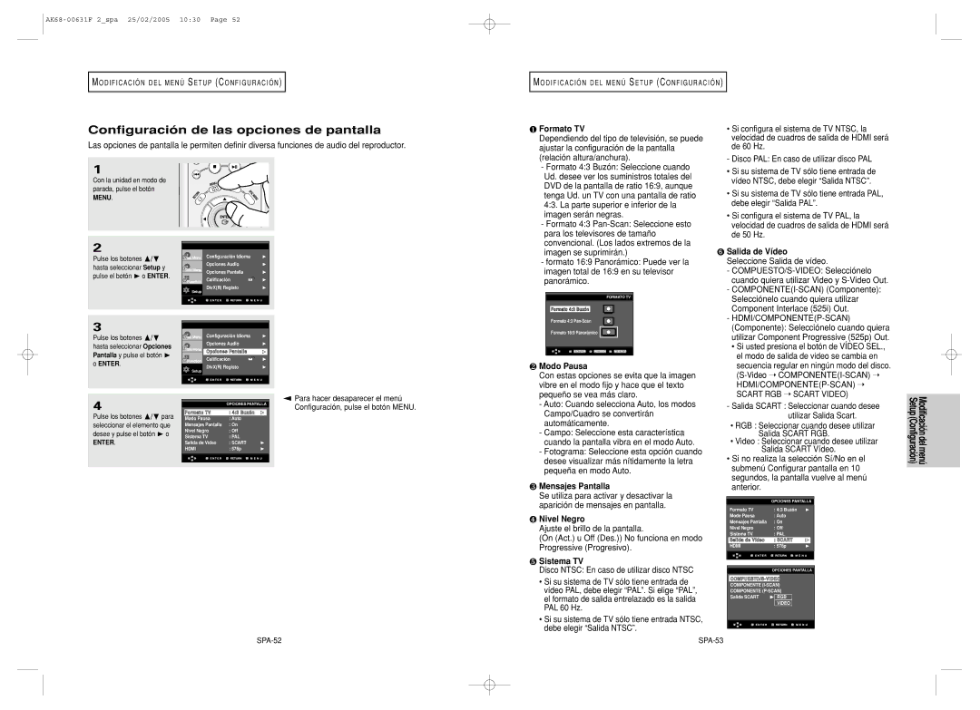 Samsung DVD-HD850/XEC manual Configuración de las opciones de pantalla 