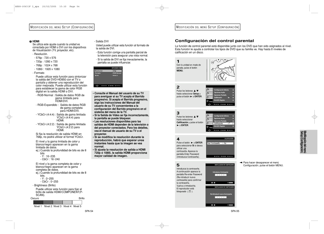 Samsung DVD-HD850/XEC manual Configuración del control parental 