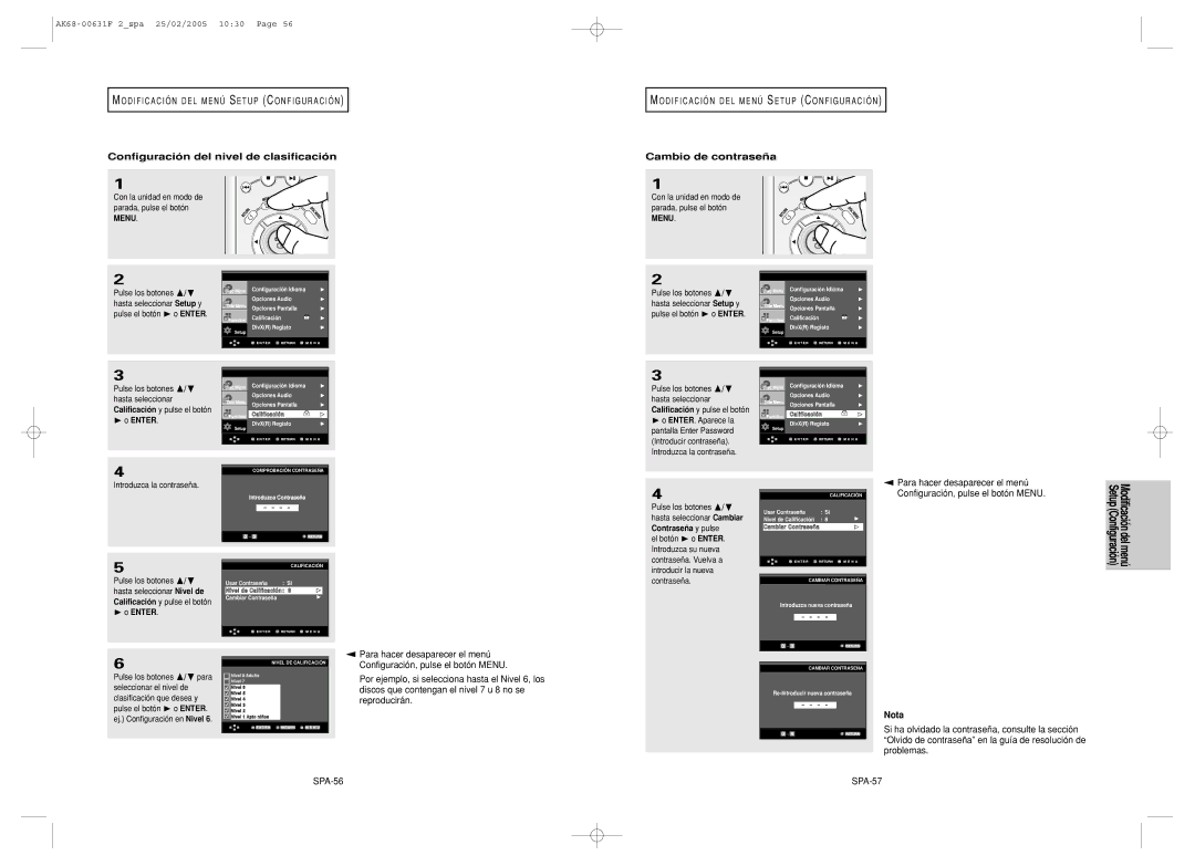 Samsung DVD-HD850/XEC manual Configuración del nivel de clasificación, Cambio de contraseña, SPA-56 