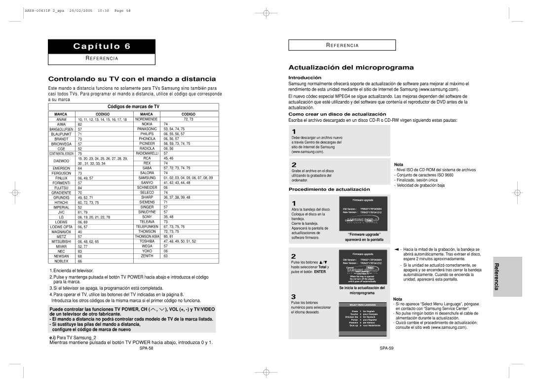 Samsung DVD-HD850/XEC Controlando su TV con el mando a distancia, Actualización del microprograma, Códigos de marcas de TV 