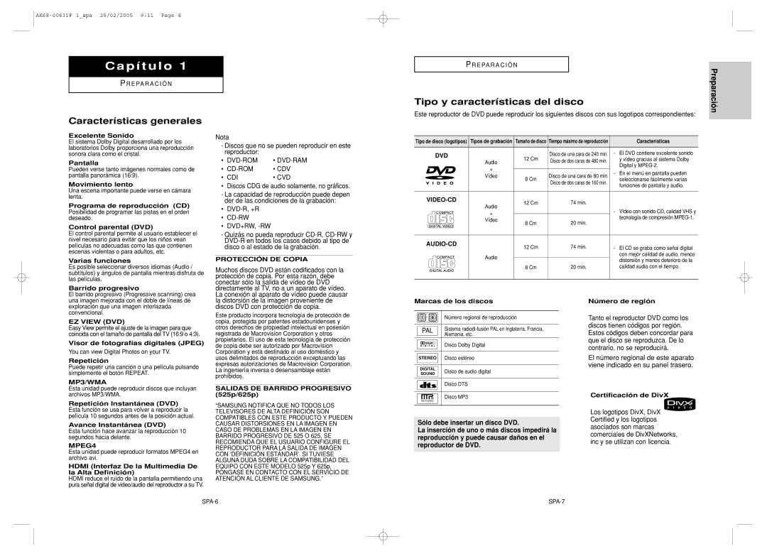 Samsung DVD-HD850/XEC manual Características generales, Tipo y características del disco, Sólo debe insertar un disco DVD 