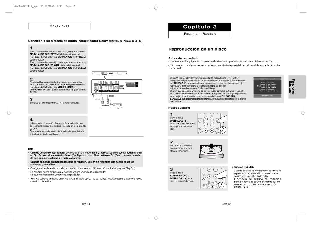 Samsung DVD-HD850/XEC manual Reproducción de un disco, N C I O N E S B Á S I C a S, Antes de reproducir, Función Resume 