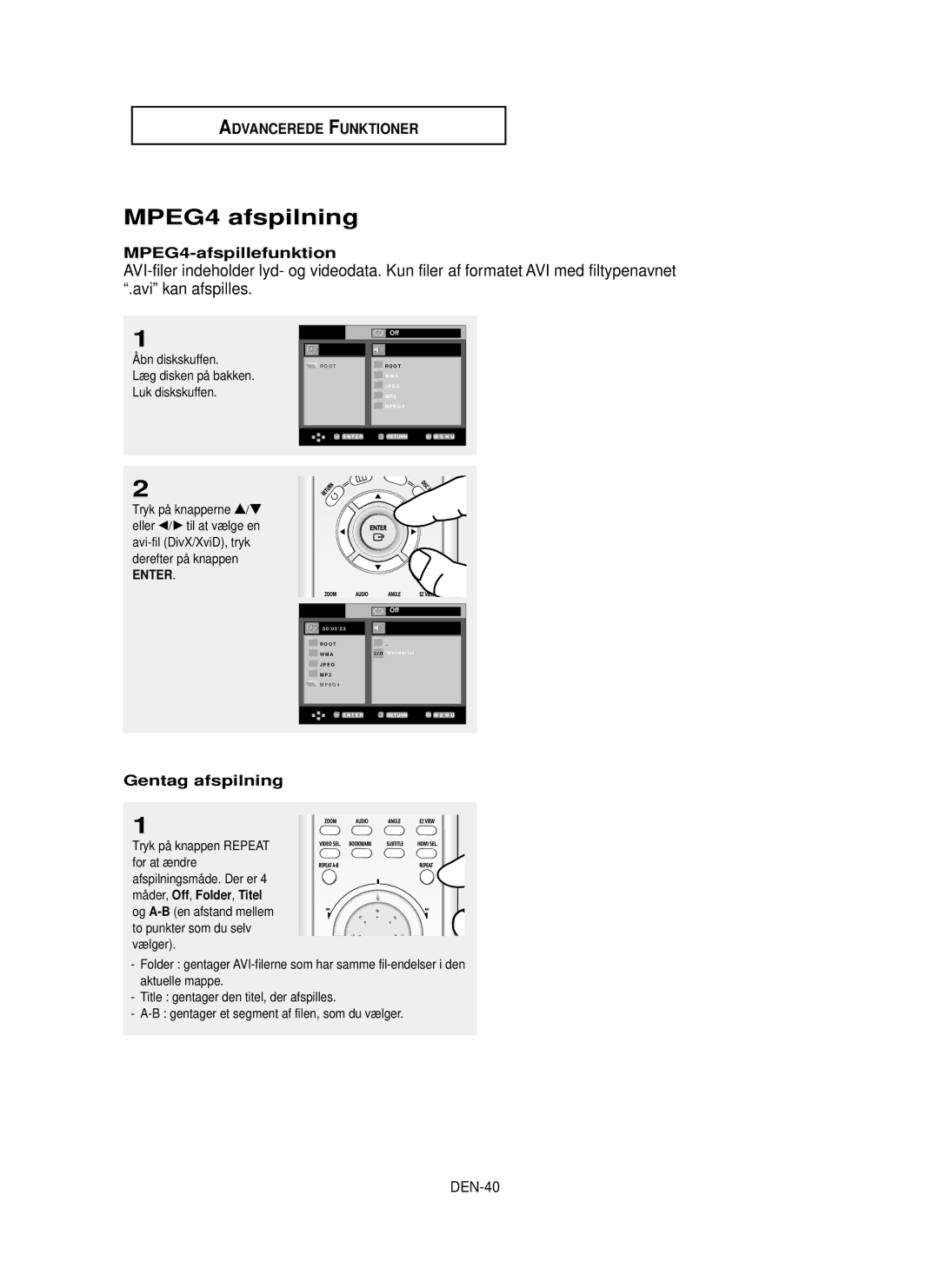 Samsung DVD-HD850/XEE manual MPEG4 afspilning, MPEG4-afspillefunktion, Gentag afspilning, DEN-40 