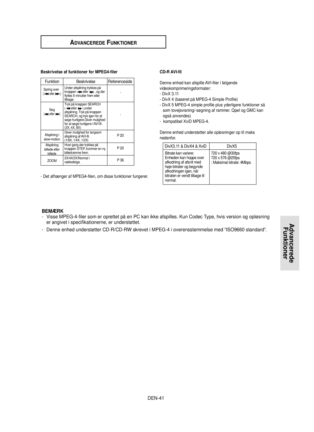 Samsung DVD-HD850/XEE manual DEN-41, Beskrivelse af funktioner for MPEG4-filer, CD-R AVI-fil, DivX 