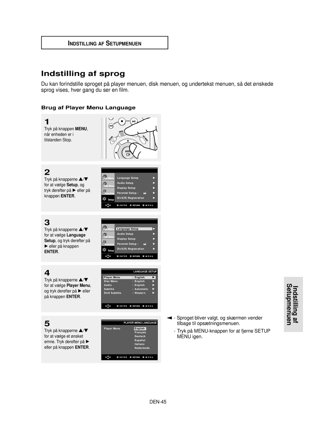 Samsung DVD-HD850/XEE manual Indstilling af sprog, Brug af Player Menu Language, DEN-45, Setup, og 