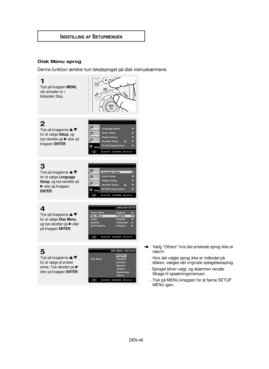 Samsung DVD-HD850/XEE manual Denne funktion ændrer kun tekstsproget på disk menuskærmene, Disk Menu sprog, Nævnt, DEN-46 