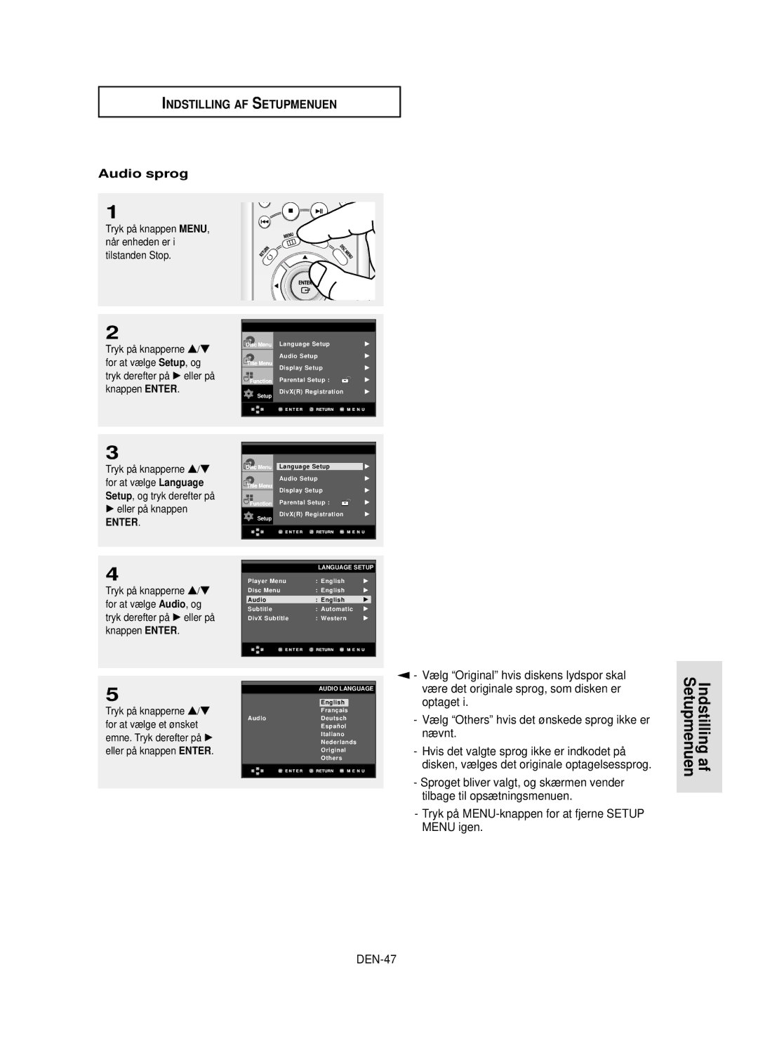 Samsung DVD-HD850/XEE manual Setupmenuen Indstilling af, Audio sprog, Optaget, DEN-47, Audio, og 