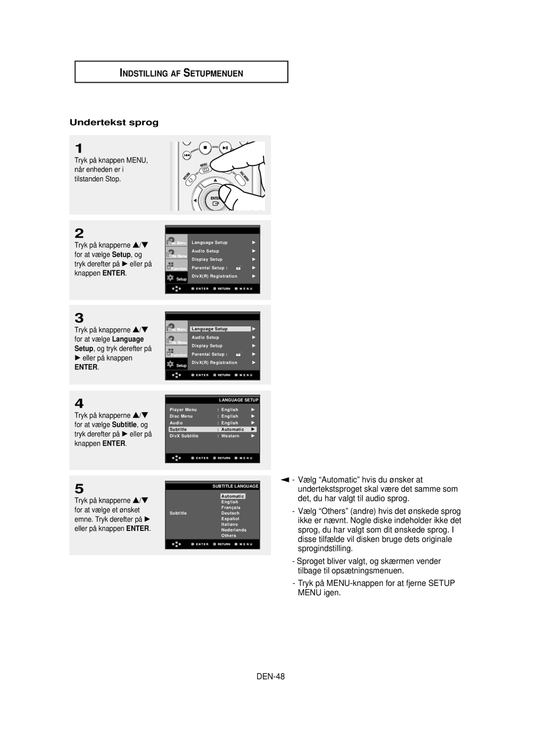 Samsung DVD-HD850/XEE manual Undertekst sprog, Sprogindstilling, Menu igen, DEN-48 