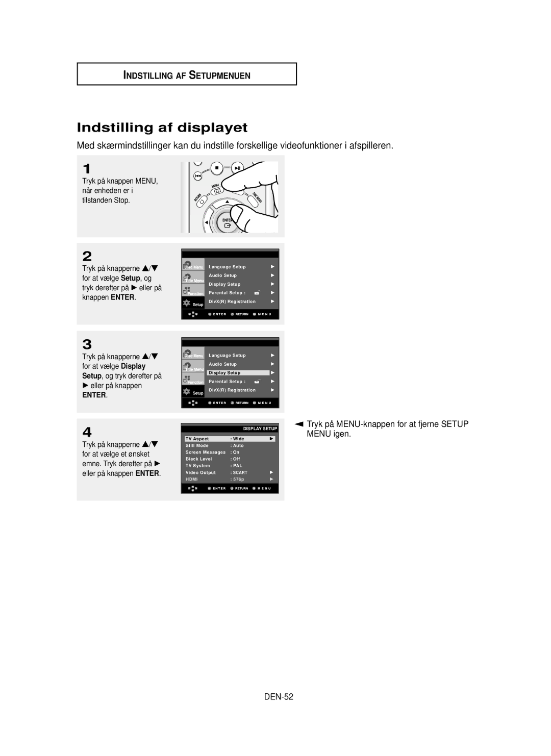 Samsung DVD-HD850/XEE manual Indstilling af displayet, DEN-52, Display 