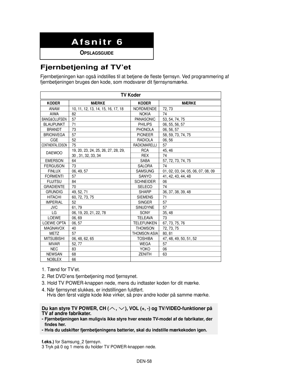 Samsung DVD-HD850/XEE manual Fjernbetjening af TV’et, TV Koder, Koder Mærke, 10, 11, 12, 13, 14, 15, 16, 17 