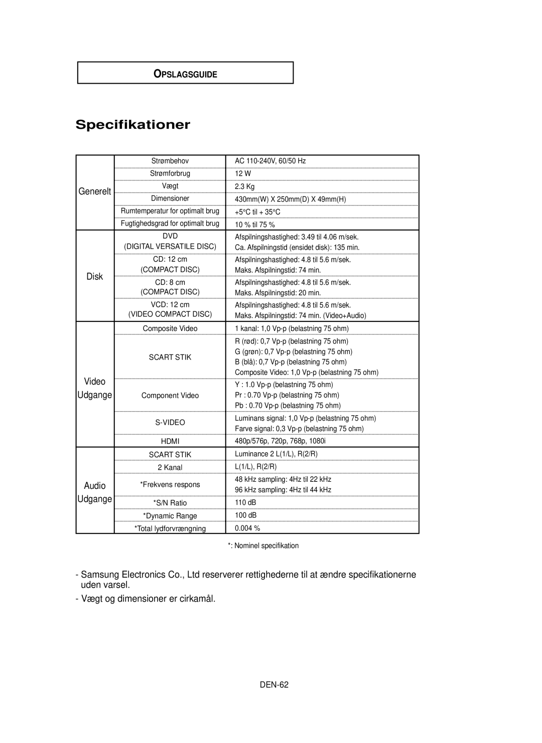 Samsung DVD-HD850/XEE manual Specifikationer, Disk, Vægt og dimensioner er cirkamål, DEN-62 