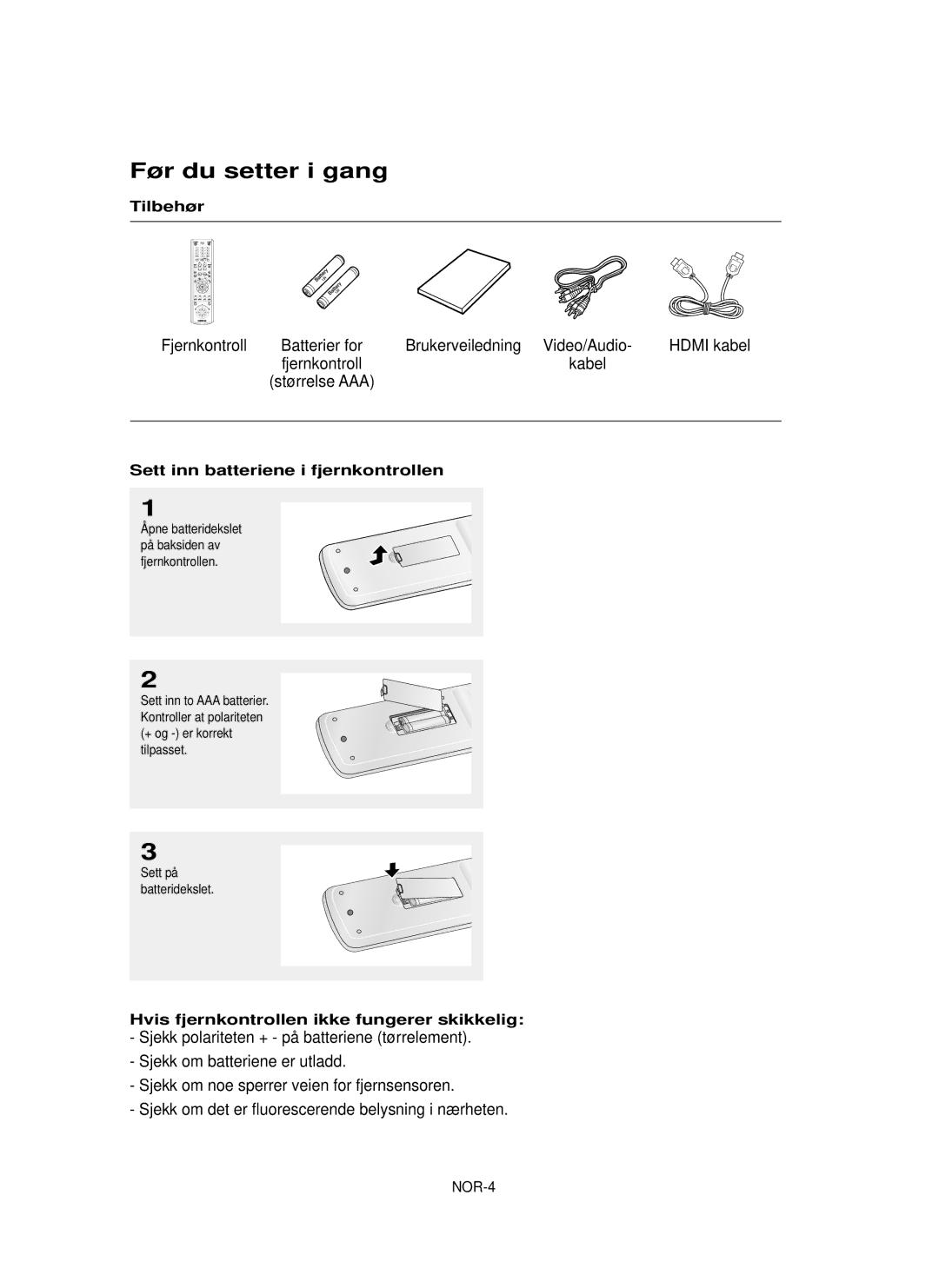 Samsung DVD-HD850/XEE manual Før du setter i gang, Fjernkontroll, Brukerveiledning Video/Audio 