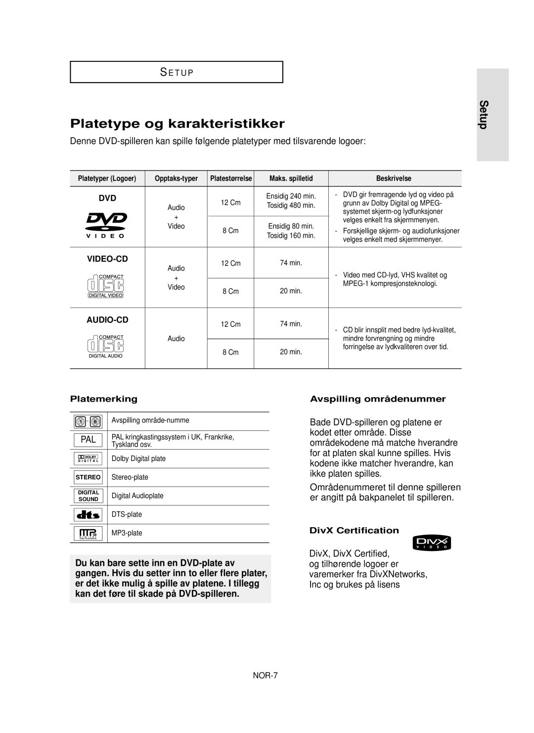 Samsung DVD-HD850/XEE manual Platetype og karakteristikker, Platemerking, DivX Certification, Maks. spilletid Beskrivelse 