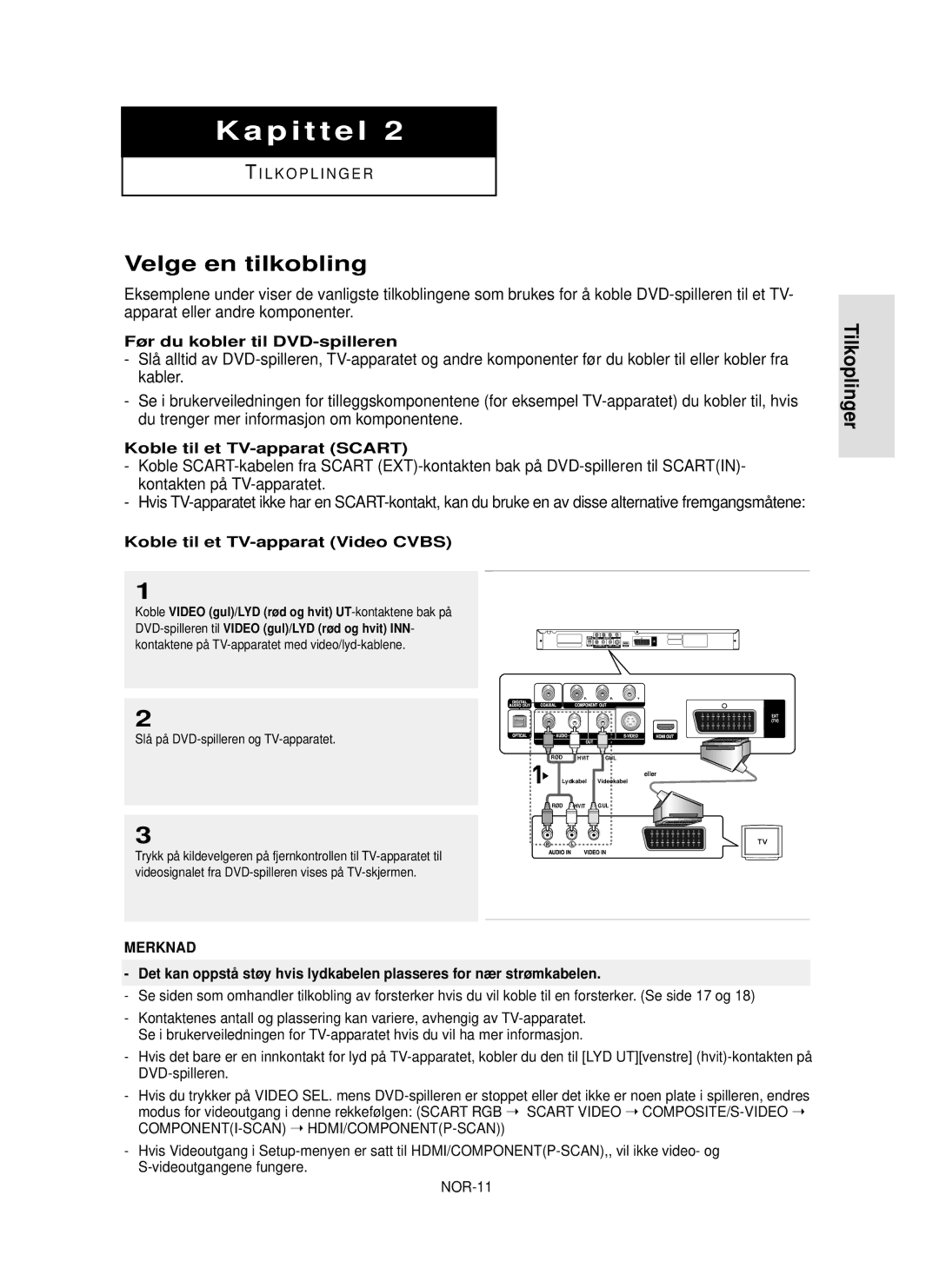 Samsung DVD-HD850/XEE Velge en tilkobling, Tilkoplinger, Før du kobler til DVD-spilleren, Koble til et TV-apparat Scart 