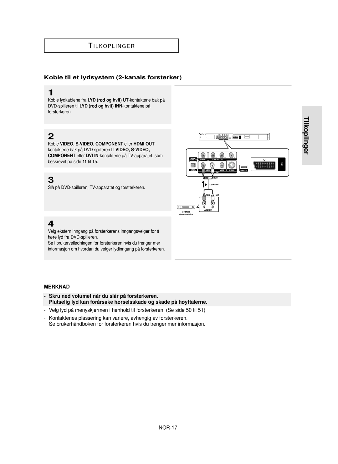 Samsung DVD-HD850/XEE manual Koble til et lydsystem 2-kanals forsterker, Forsterkeren 