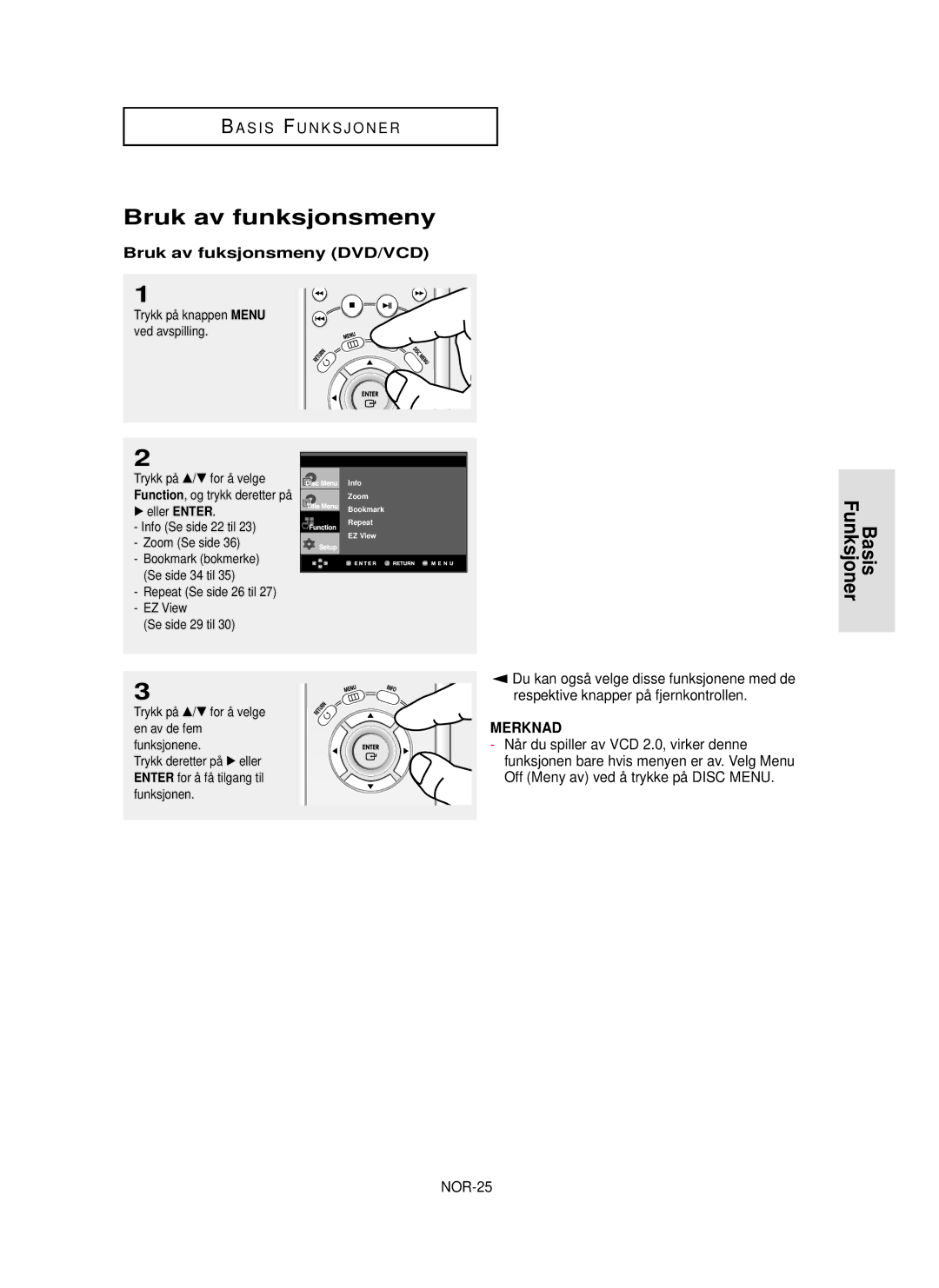 Samsung DVD-HD850/XEE Bruk av funksjonsmeny, Bruk av fuksjonsmeny DVD/VCD, Off Meny av ved å trykke på Disc Menu, NOR-25 