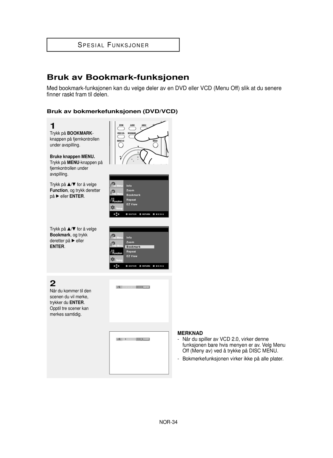 Samsung DVD-HD850/XEE manual Bruk av Bookmark-funksjonen, Bruk av bokmerkefunksjonen DVD/VCD, Under avspilling 