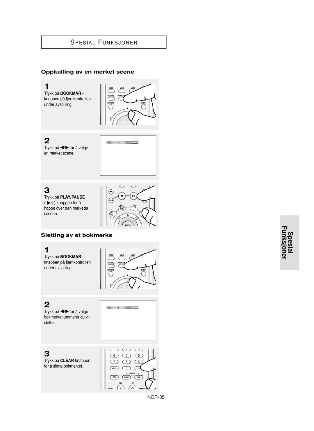 Samsung DVD-HD850/XEE manual Oppkalling av en merket scene, Sletting av et bokmerke, NOR-35, Slette 