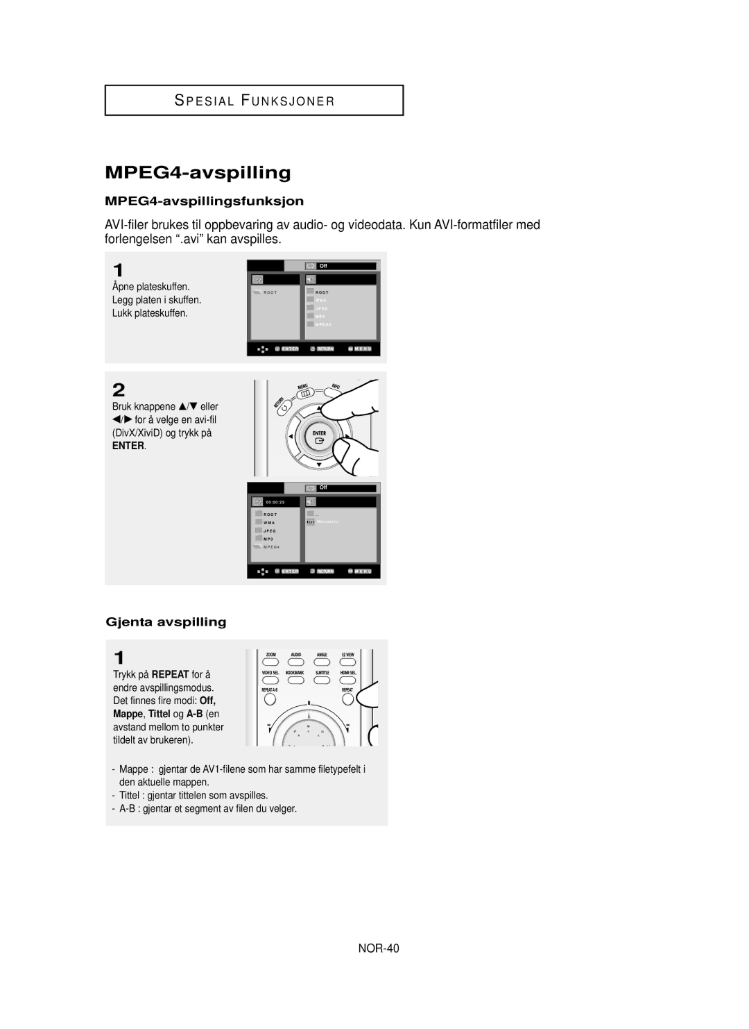 Samsung DVD-HD850/XEE manual MPEG4-avspillingsfunksjon, Gjenta avspilling, NOR-40 