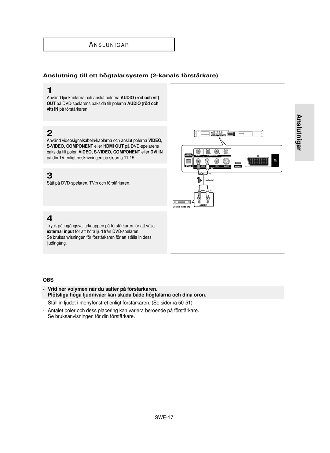 Samsung DVD-HD850/XEE Anslutning till ett hö gtalarsystem 2-kanals fö rstä rkare, SWE-17, Vit in på förstärkaren, Dvi 