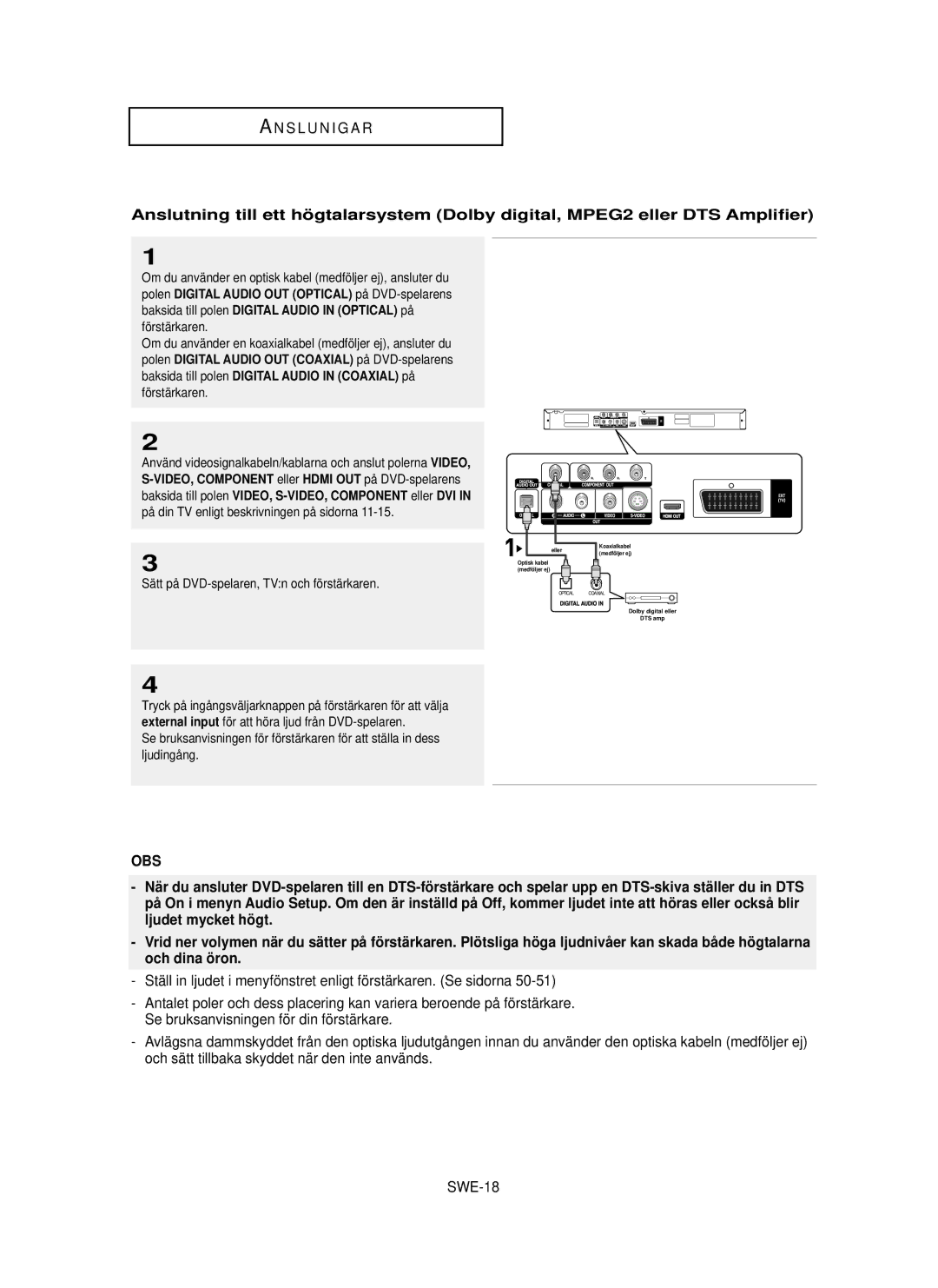 Samsung DVD-HD850/XEE manual SWE-18, Om du använder en optisk kabel medföljer ej, ansluter du, Förstärkaren 