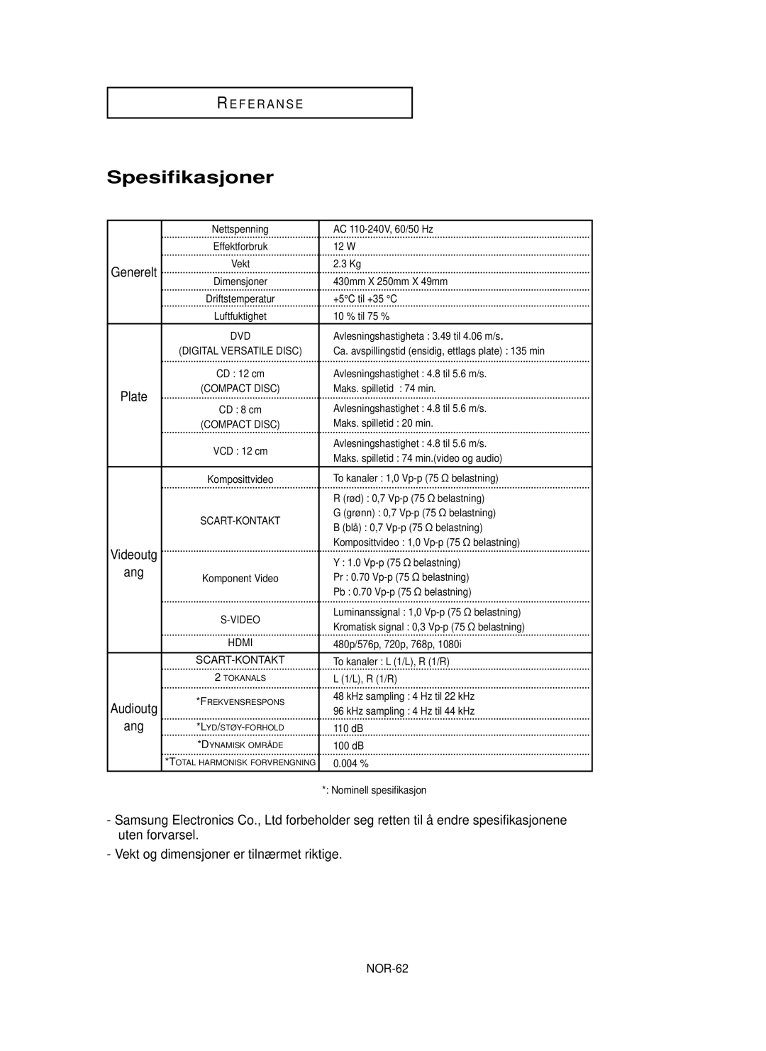 Samsung DVD-HD850/XEE manual Spesifikasjoner, Generelt, Vekt og dimensjoner er tilnærmet riktige 