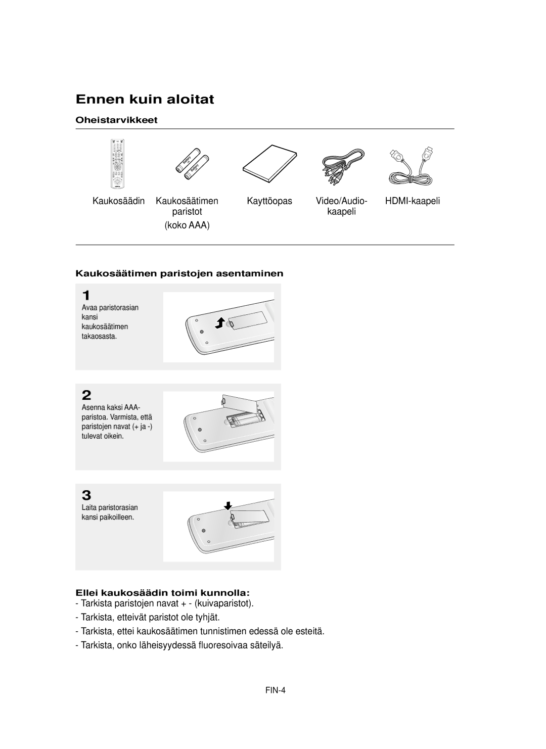 Samsung DVD-HD850/XEE manual Ennen kuin aloitat, Kaukosäädin Kaukosäätimen Kayttöopas, Paristot, Koko AAA 