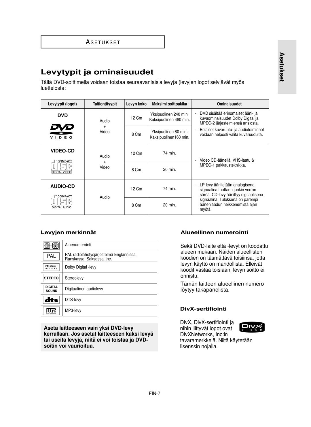 Samsung DVD-HD850/XEE Levytypit ja ominaisuudet, Asetukset, Levyjen merkinnä t, Alueellinen numerointi, DivX-sertifiointi 