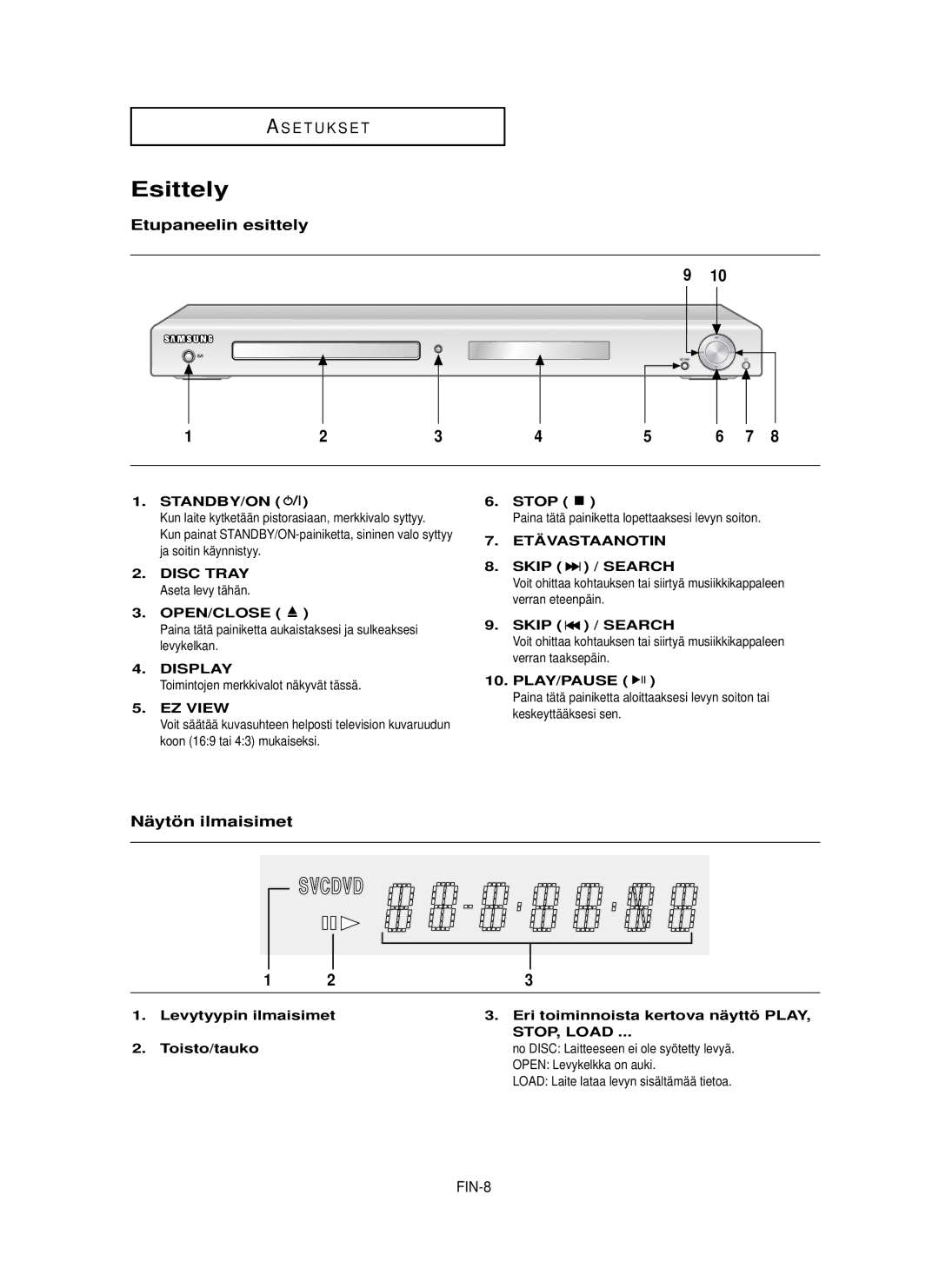 Samsung DVD-HD850/XEE manual Esittely, Etupaneelin esittely, Nä ytö n ilmaisimet 