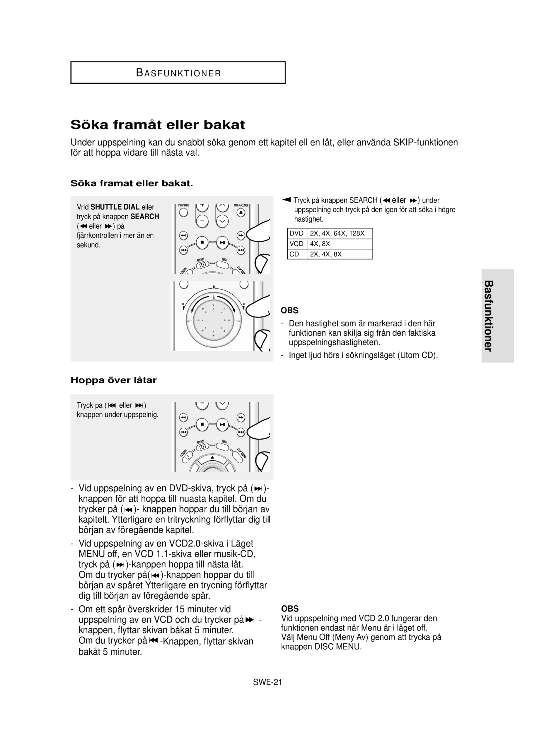 Samsung DVD-HD850/XEE manual Sö ka framå t eller bakat, Sö ka framat eller bakat, Hoppa ö ver lå tar 