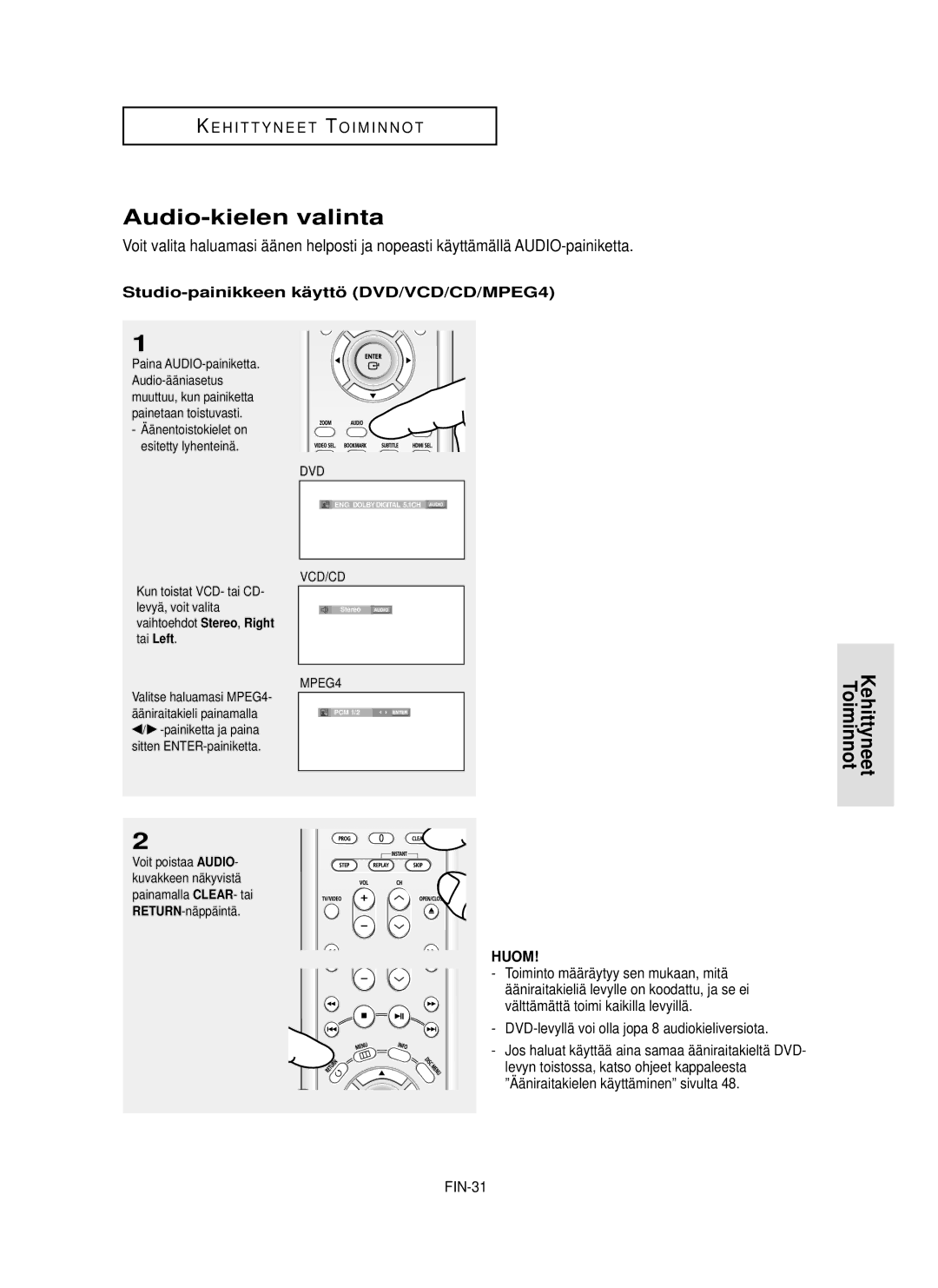 Samsung DVD-HD850/XEE manual Audio-kielen valinta, Studio-painikkeen kä yttö DVD/VCD/CD/MPEG4, FIN-31 