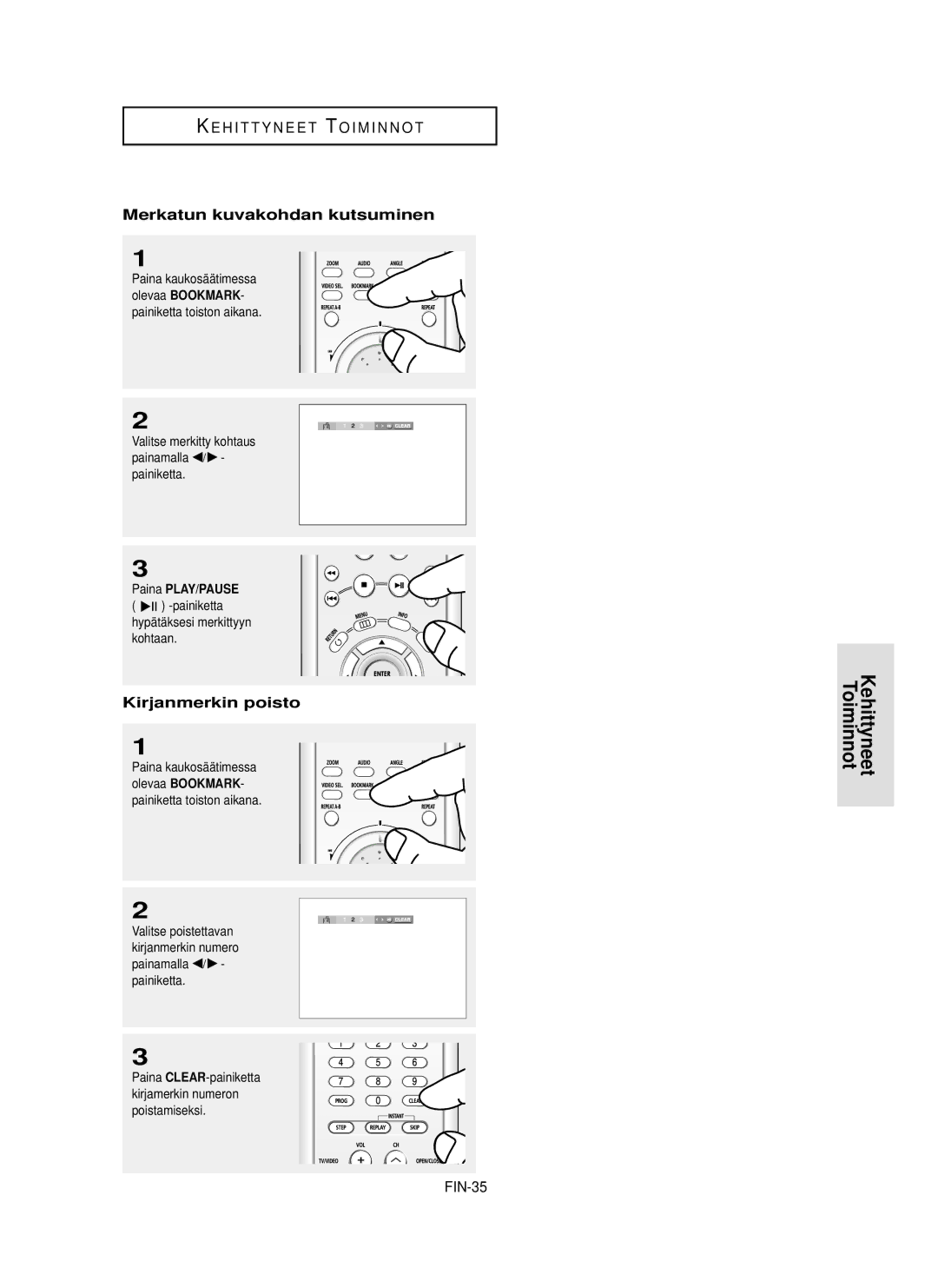 Samsung DVD-HD850/XEE manual Merkatun kuvakohdan kutsuminen, Kirjanmerkin poisto, FIN-35 