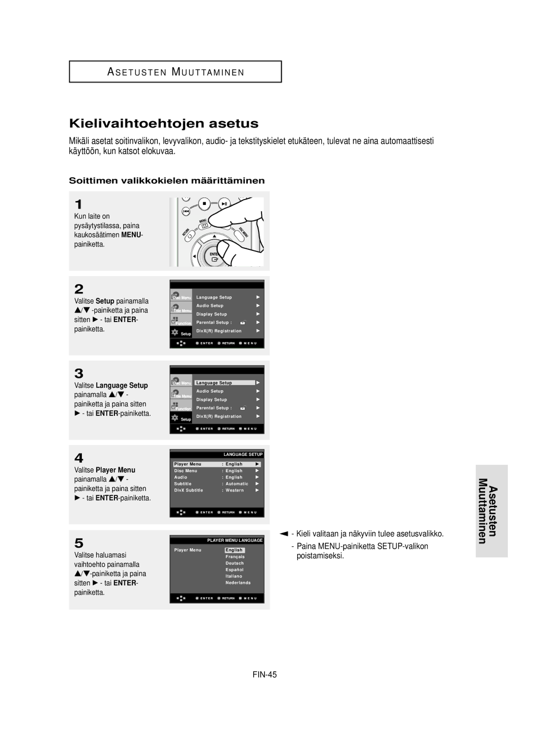 Samsung DVD-HD850/XEE Kielivaihtoehtojen asetus, Asetusten Muuttaminen, Soittimen valikkokielen mää rittä minen, FIN-45 