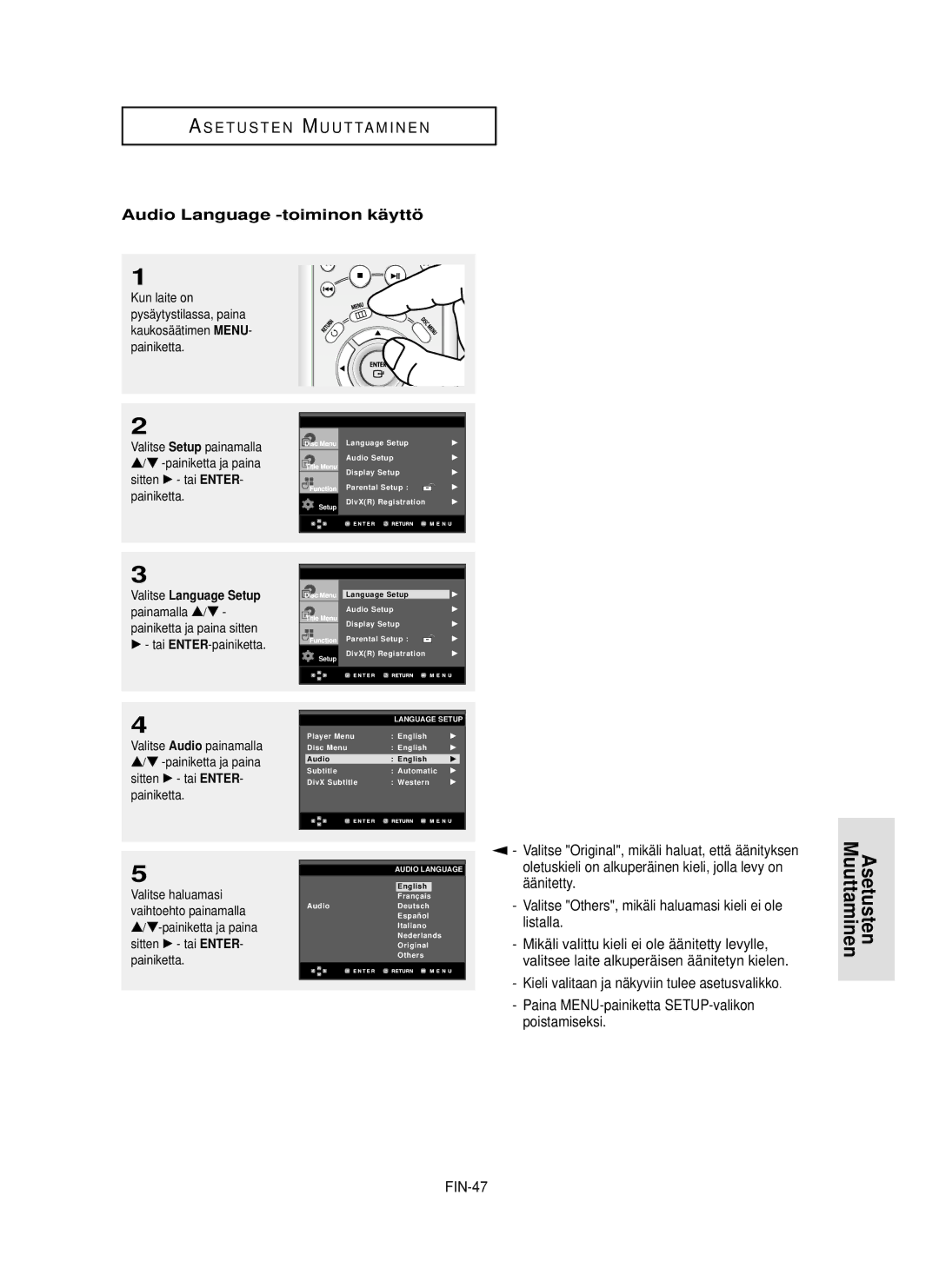 Samsung DVD-HD850/XEE manual Audio Language -toiminon kä yttö, Äänitetty, FIN-47 