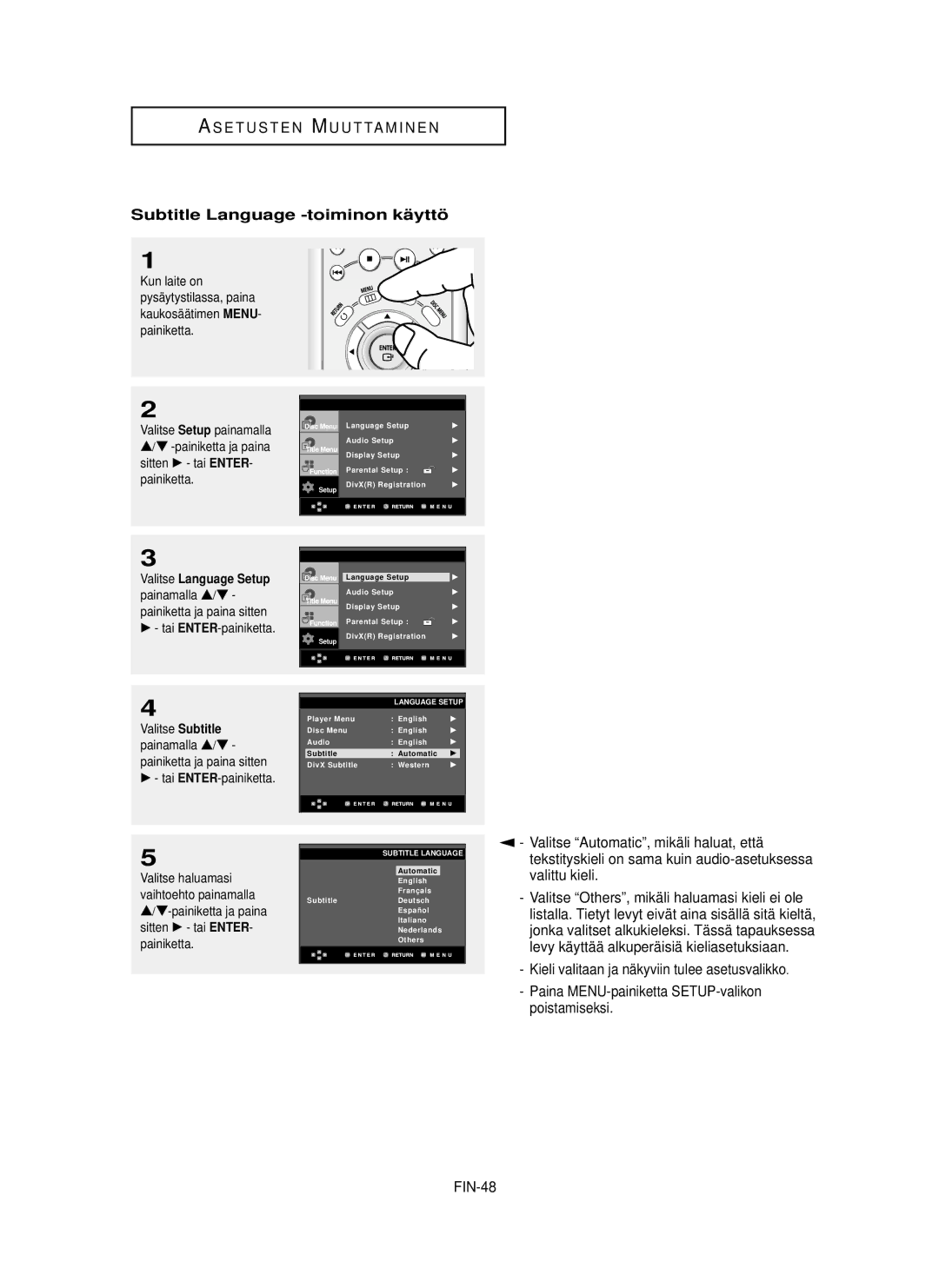 Samsung DVD-HD850/XEE manual Subtitle Language -toiminon kä yttö, Valittu kieli, FIN-48 