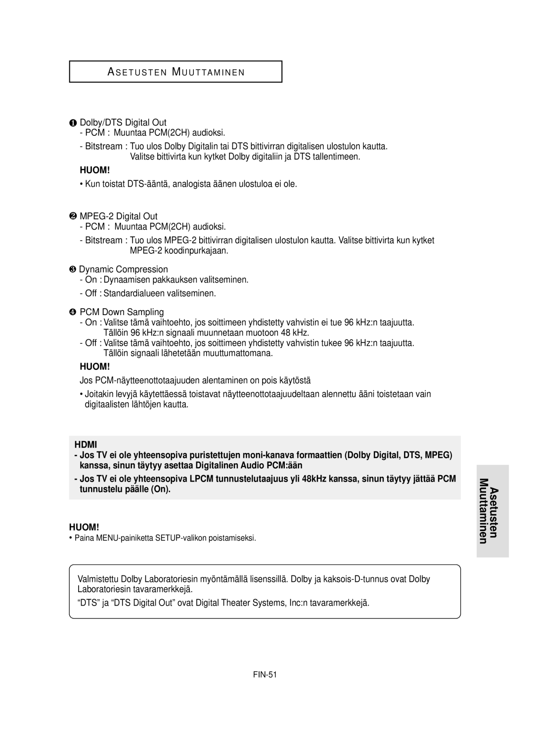 Samsung DVD-HD850/XEE manual ❶ Dolby/DTS Digital Out PCM Muuntaa PCM2CH audioksi, FIN-51 