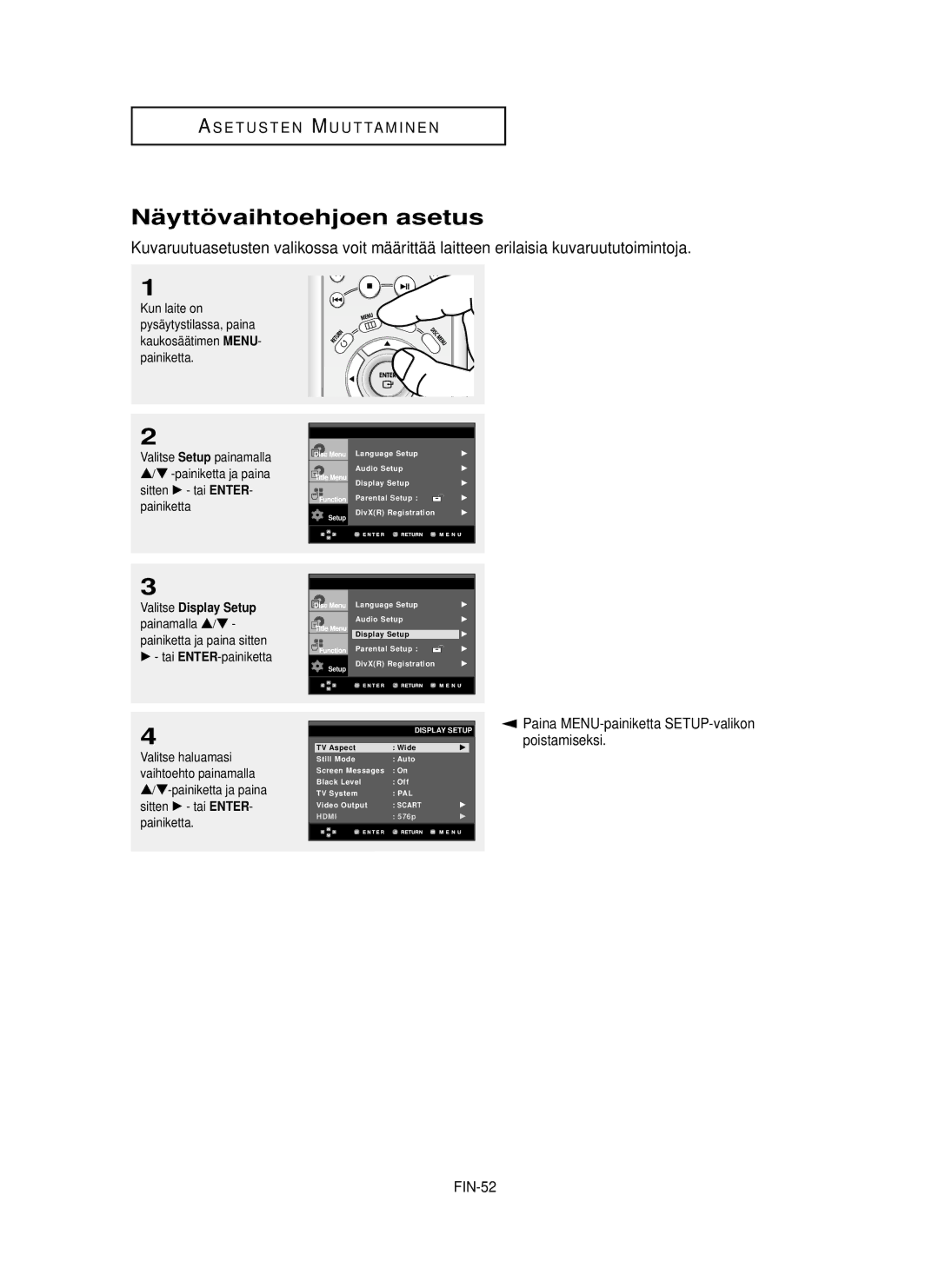 Samsung DVD-HD850/XEE manual Nä yttö vaihtoehjoen asetus, FIN-52 