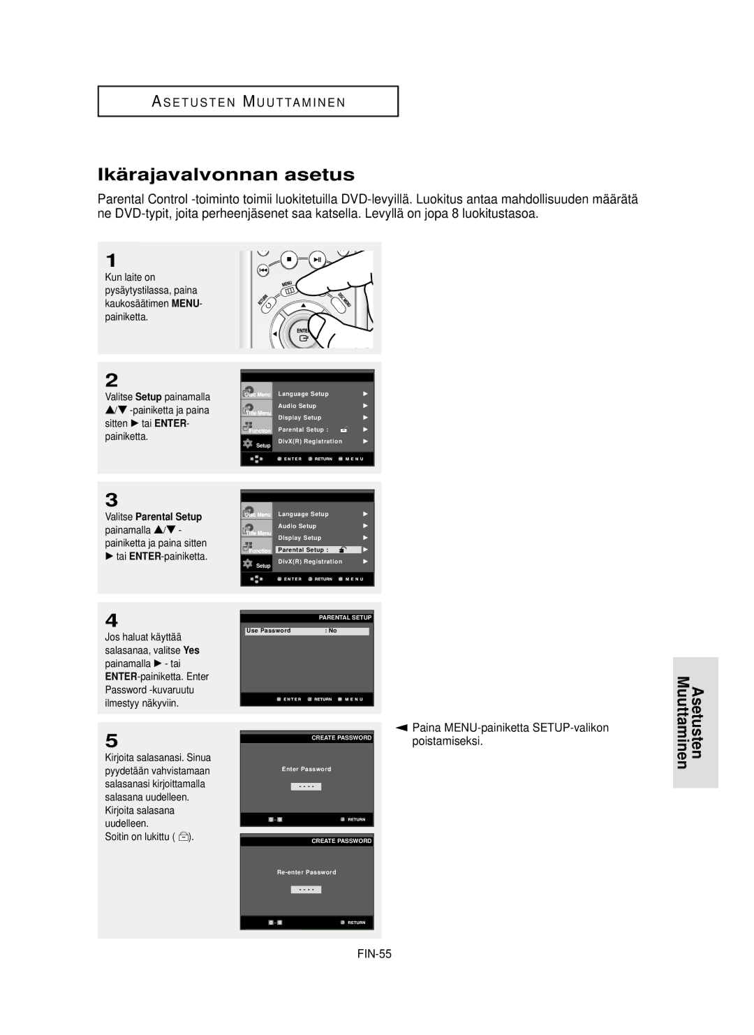 Samsung DVD-HD850/XEE manual Ikä rajavalvonnan asetus, FIN-55, Valitse Parental Setup 