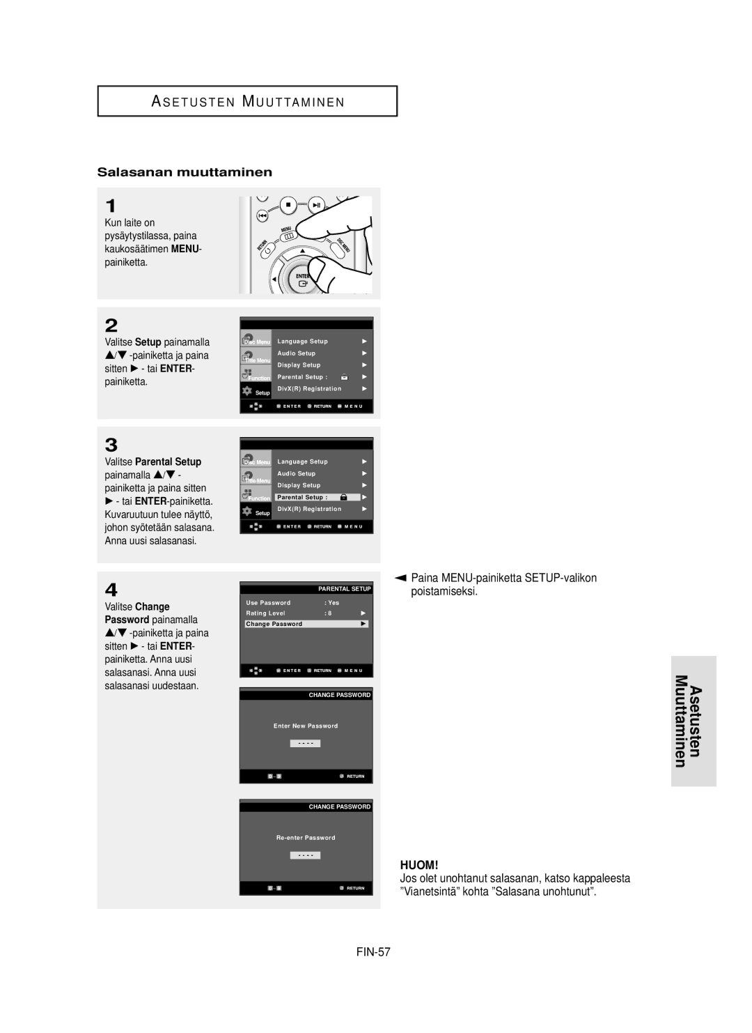 Samsung DVD-HD850/XEE manual Salasanan muuttaminen, FIN-57, Anna uusi salasanasi 