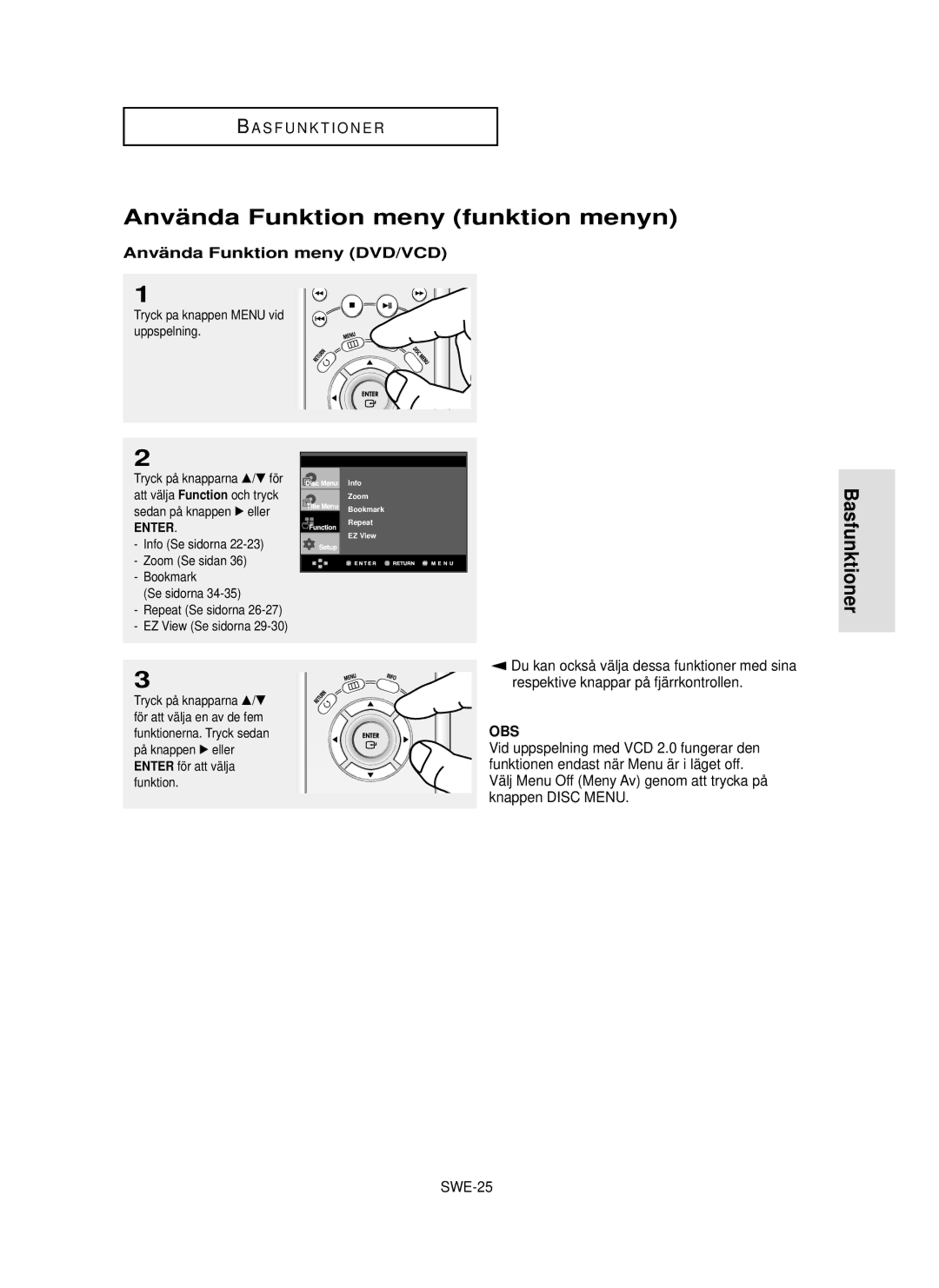Samsung DVD-HD850/XEE manual Anvä nda Funktion meny funktion menyn, Anvä nda Funktion meny DVD/VCD, SWE-25, Enter 