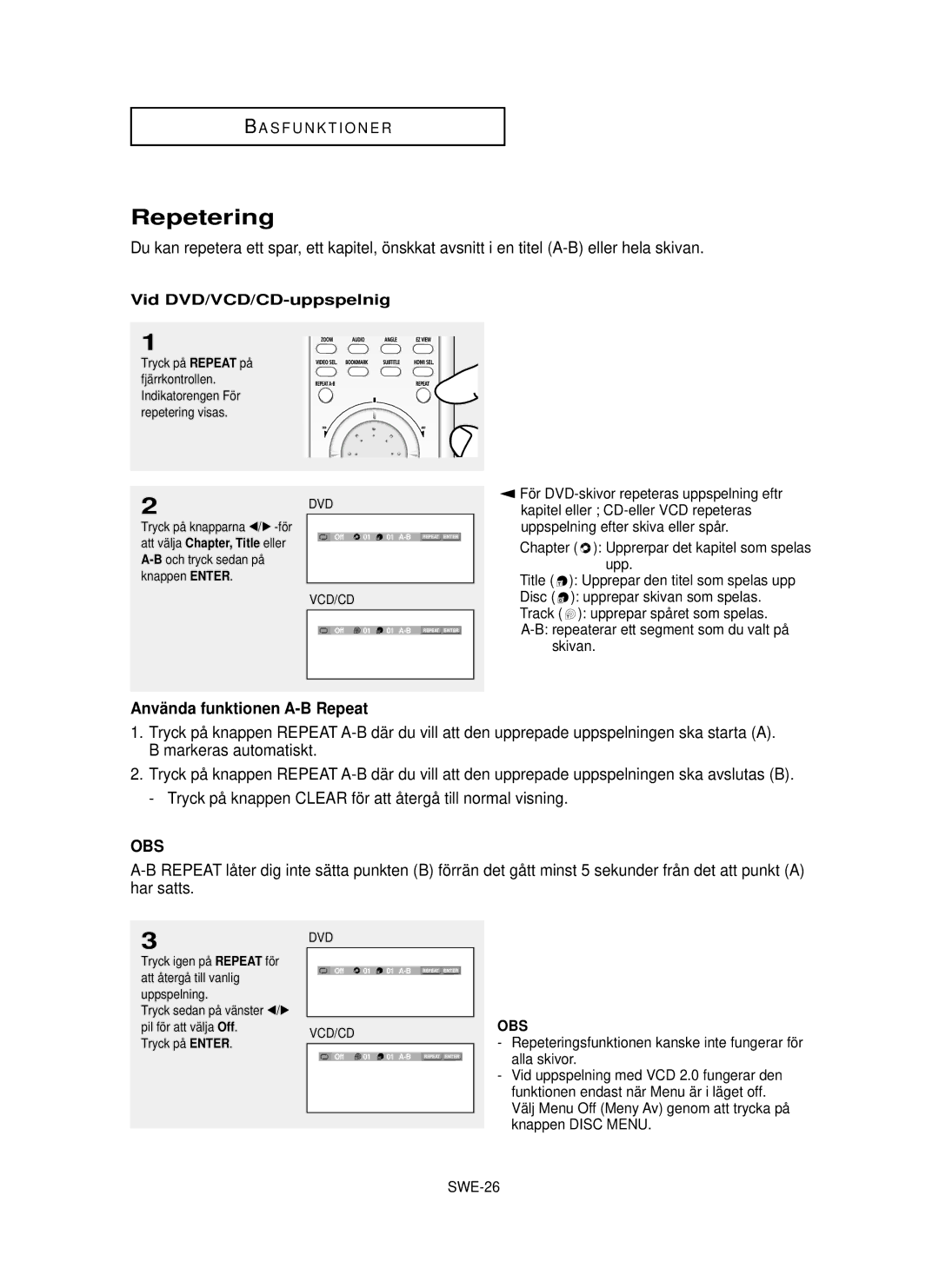 Samsung DVD-HD850/XEE manual Repetering, Anvä nda funktionen A-B Repeat, Vid DVD/VCD/CD-uppspelnig 