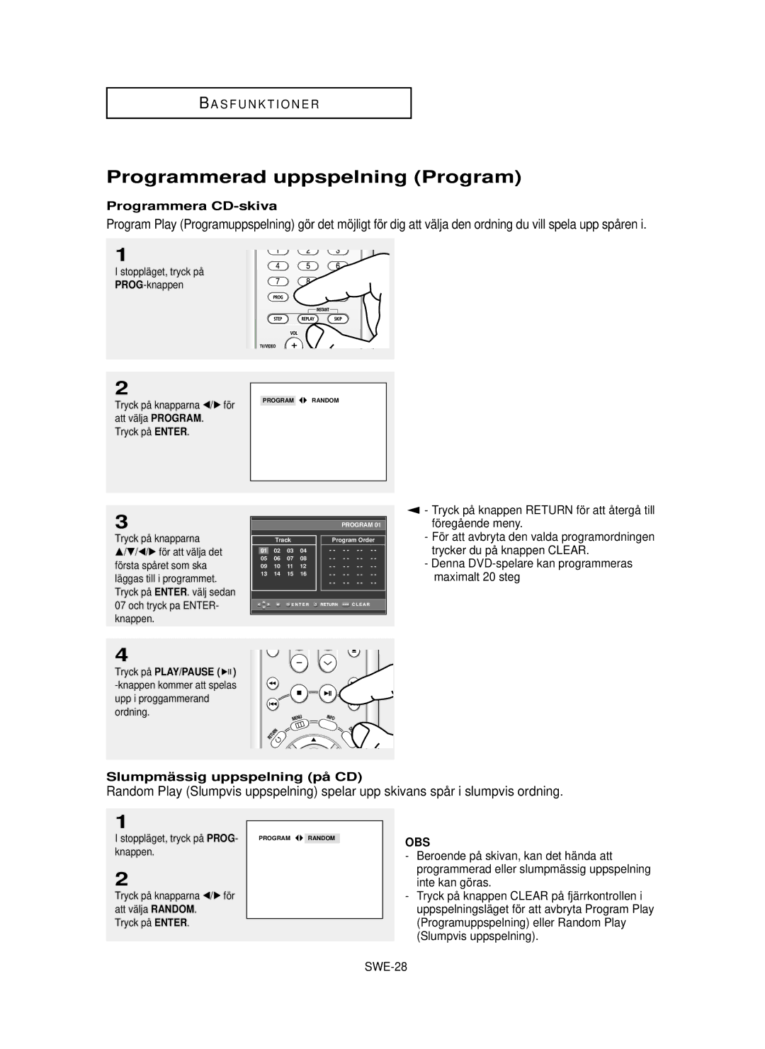 Samsung DVD-HD850/XEE manual Programmerad uppspelning Program, Programmera CD-skiva, Slumpmä ssig uppspelning på CD, SWE-28 