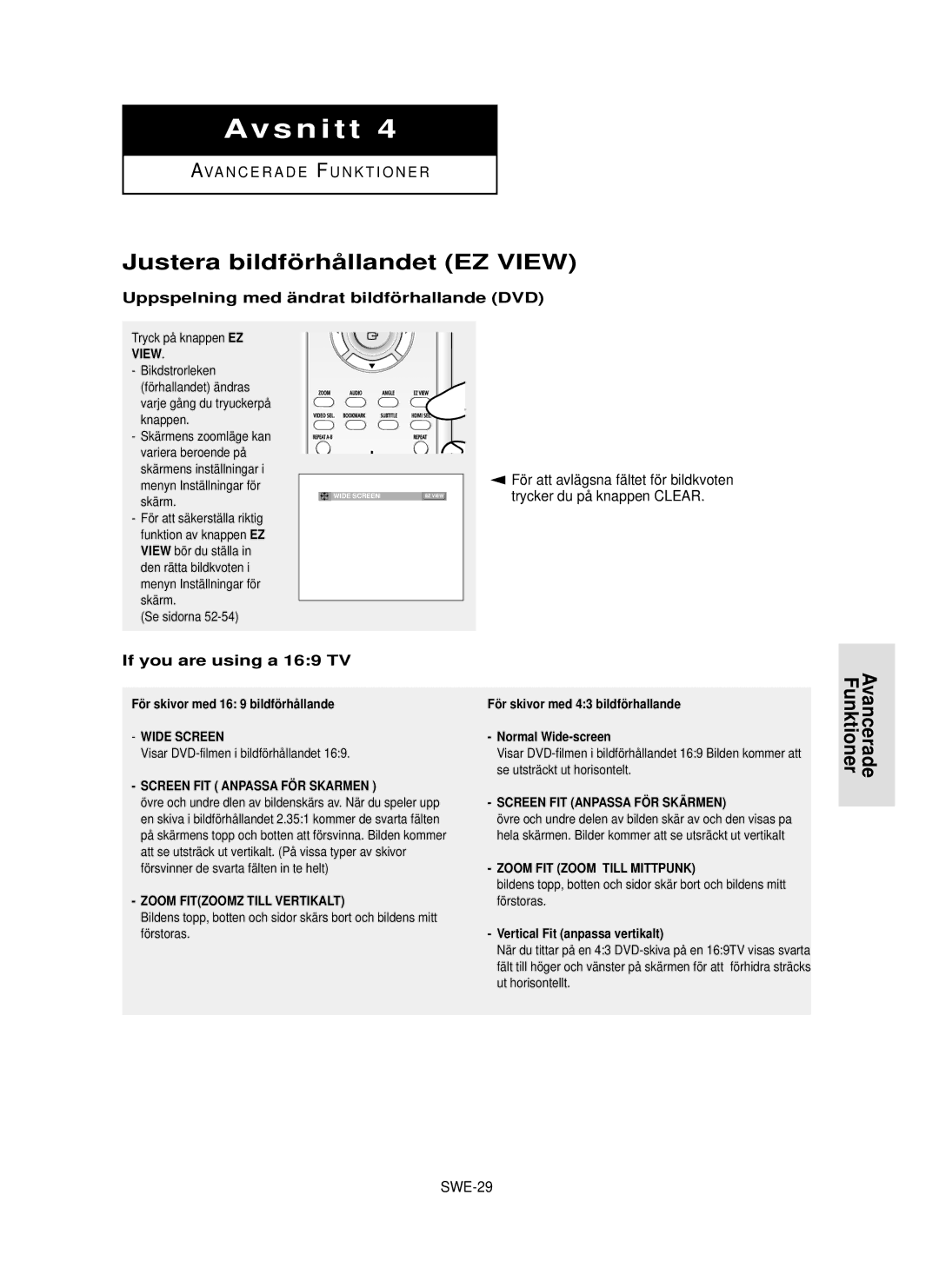 Samsung DVD-HD850/XEE manual Justera bildfö rhå llandet EZ View, Avancerade Funktioner, If you are using a 169 TV, SWE-29 