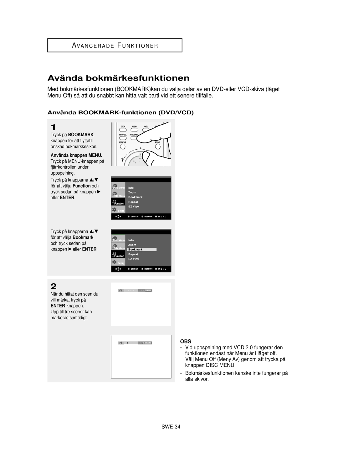 Samsung DVD-HD850/XEE Avä nda bokmä rkesfunktionen, Anvä nda BOOKMARK-funktionen DVD/VCD, SWE-34, Önskad bokmärkkesikon 