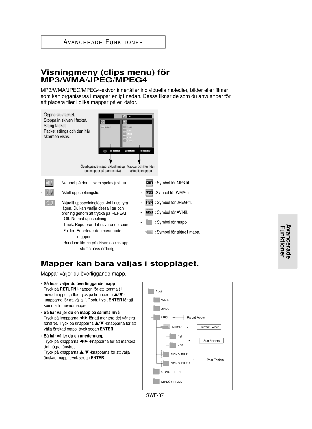 Samsung DVD-HD850/XEE manual Visningmeny clips menu fö r MP3/WMA/JPEG/MPEG4, Mapper kan bara vä ljas i stopplä get, SWE-37 