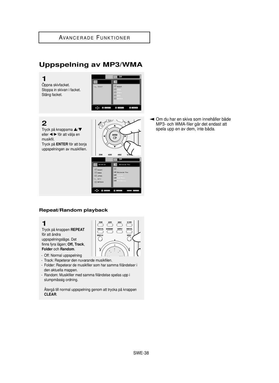 Samsung DVD-HD850/XEE manual Uppspelning av MP3/WMA, Repeat/Random playback, SWE-38, Clear 