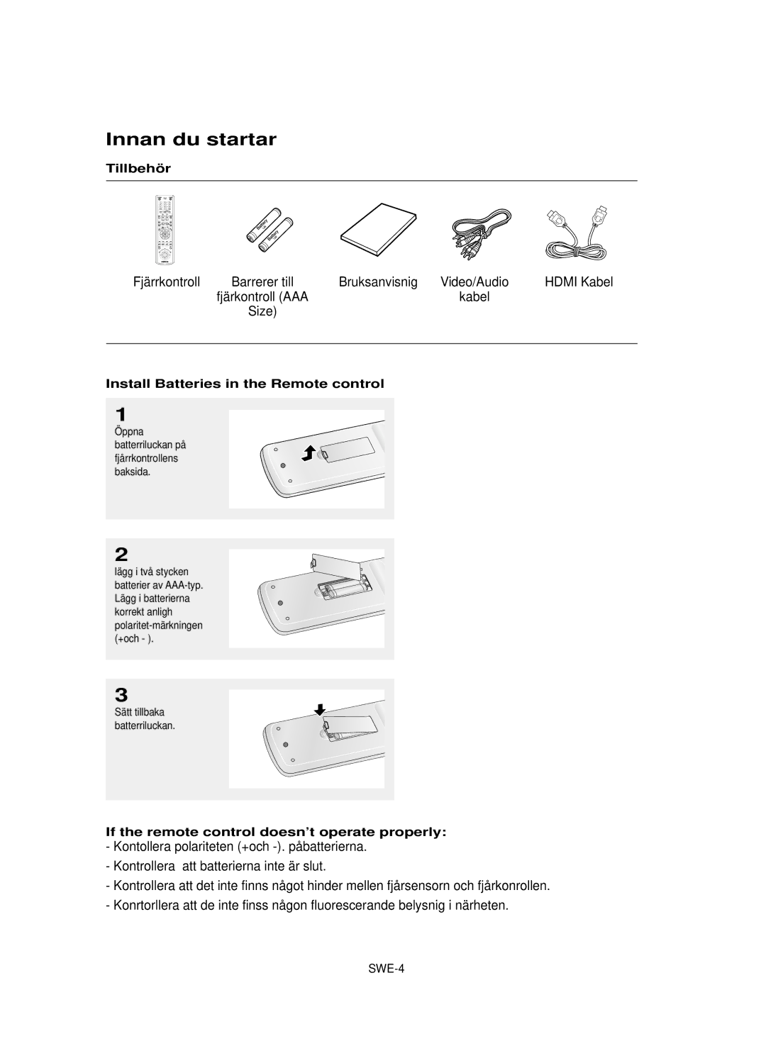Samsung DVD-HD850/XEE Innan du startar, Fjärrkontroll Barrerer till Bruksanvisnig Video/Audio, Fjärkontroll AAA Kabel Size 